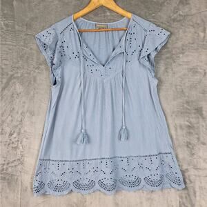 Womens Top Large Blue Cottagecore Boho Peasant‎ Hippie Eyelet Feminine Casual
